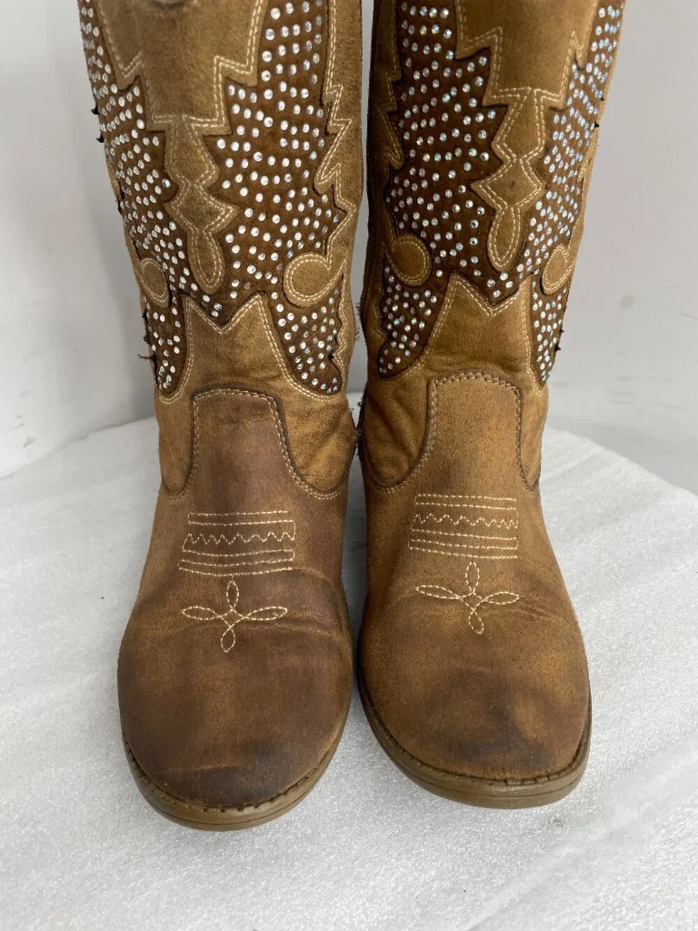 Justice Rhinestone Glitter Brown Faux Leather Cowgirl Western Boots Girls 7